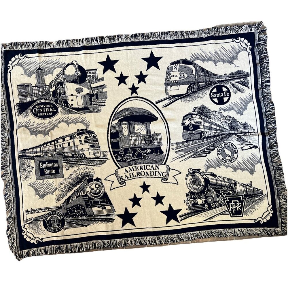 American Railroading Throw Blanket Blue Gt Northern South Pacific NY Central Vtg